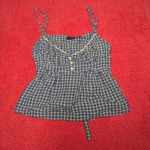 Blue and white plaid babydoll tank top